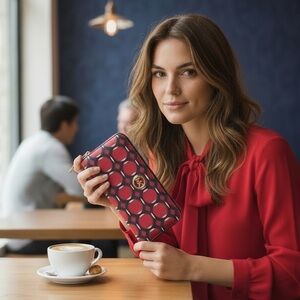 Michael Kors Red Geometric Zip-Around Wallet with Logo Emblem